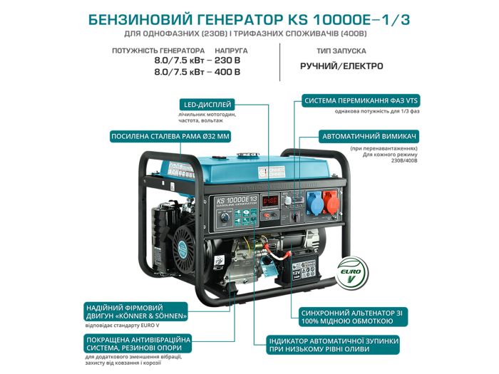Генератор бензиновий 8 кВт Німеччина KS 10000E 1/3